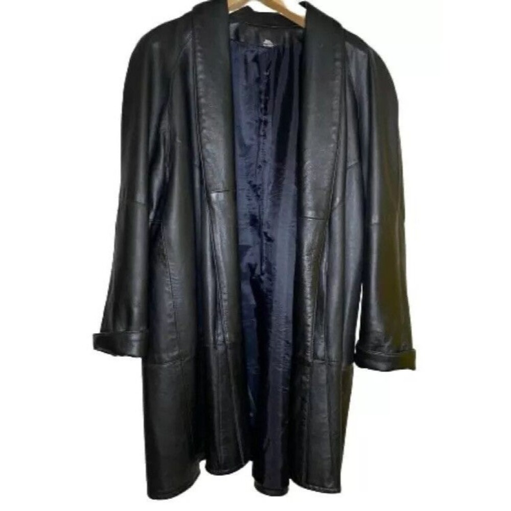 VINTAGE Leather Coat Womens S Black Knee Length Shawl Collar Lapel  TB Cuff